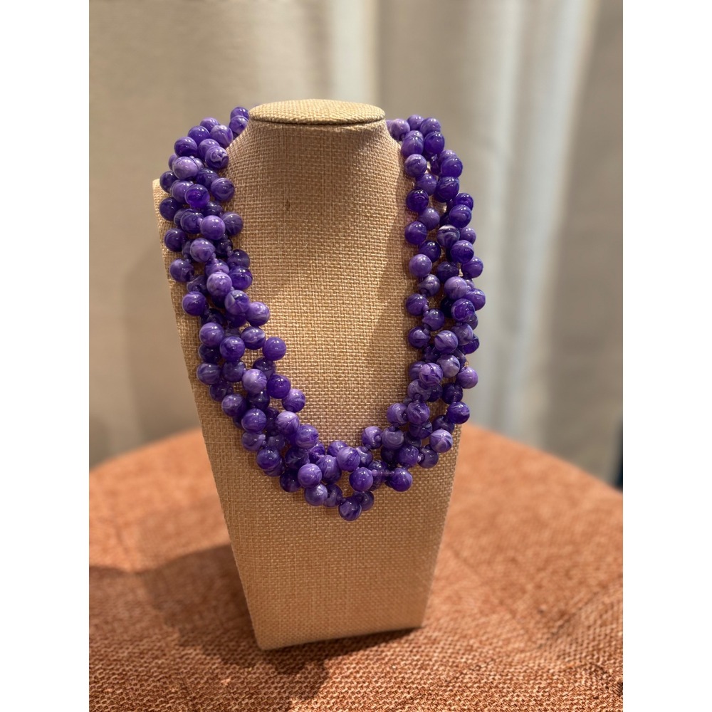 Vintage Purple Marbled Bead Triple Strand Statement Necklace Gold Tone Clasp 8"